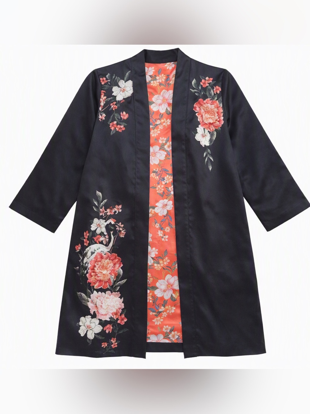 Chico's Oasis Paradise Floral Beaded Drama Duster Jacket Coral - size 12/14 lrg.